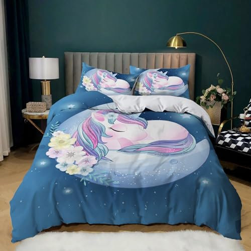 XCQHZYQ Bettwäsche Set 135x200 cm Cartoon Einhorn 3teilig Bettbezug Allergiker Weich Bügelfrei Microfaser, Kinderbettwäsche für Jungen Mädchen Teens Einzelbett