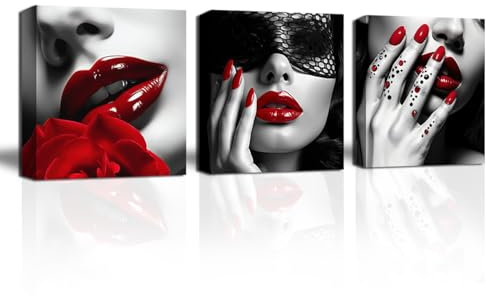 CXHOSTENT Rote Lippen Leinwand Bild 3 Panel Schwarz und Weiß Rote Nägel und Rose Kunstdrucke Mode Frau Bilder für Schönheitssalon Dekor (B, 50.00 x 50.00 cms x 3PCS)