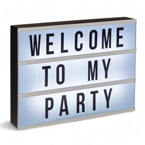 MIJOMA Pizarra con luz LED | elegante caja de mensajes con 84 letras y caracteres | Funciona con pilas | Uso flexible | Caja de luz LED para mensajes personales en la luminosidad de LED