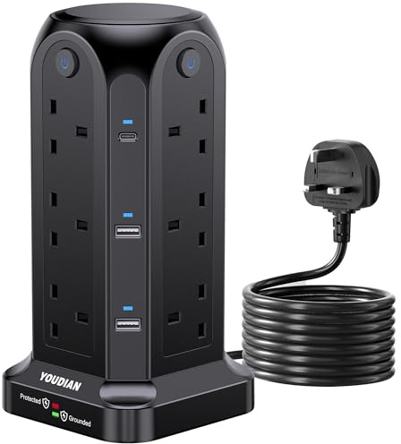 YOUDIAN Tower Extension Lead 2M with USB Slots,12 Way Multi Plug Extension Tower,Max.3250W Capacity,Surge Protection Extension Cord with Switch,Plug Socket Tower Power Strip