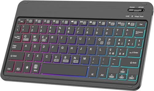 Teclado Español Ñ Bluetooth Inalámbrico de 10 pulgadas para cualquier sistema operativo iOS/Android y Windows,7 colores retroiluminados, ultrafino, fácil de transportar