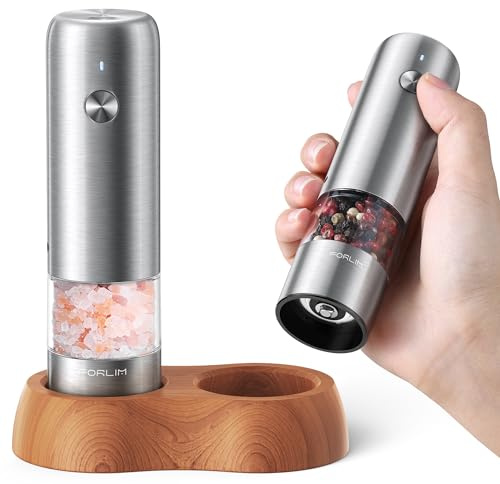 FORLIM Mini Electric Salt and Pepper Grinder Set with Wood Base, USB Rechargeable, Small Automatic Salt Pepper Mill Grinder, Travel/Outdoor BBQ/Children, One-Button Control (2 Packs, Stainless Steel)