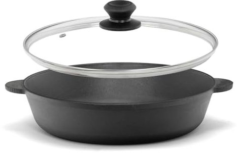 Sartén de hierro fundido de 28 cm de diámetro con tapa de cristal, sartén de hierro fundido, sartén para servir, cazuela, dos asas, sartén para todo tipo de cocinas, fogatas, hornos, parrilla de gas