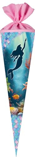 Nestler School cone set for filling, handmade cardboard sugar cone - mermaid motif, school cone, lace protector, bow (70 cm round)