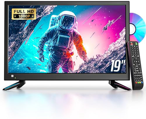 Desobry 19 inch small TV Built-in DVD player, 1080P mini TV with freeview, supports HDMI USB AV input, 12v tvs for motorhomes/campervan/caravan/camping