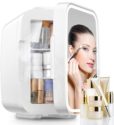 FOHERE Portatile Mini Frigo 5L, Piccolo Frigo Skincare con Specchio LED, Termoelettrico, Riscaldatore e Raffreddatore 220V AC per Ufficio, Dormitorio (bianco)