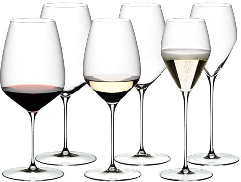 RIEDEL Veloce Wein- und Champagnergläser Set 6-teilig | Cabernet/Merlot Gläser (829 ml), Riesling Weingläser (570 ml) und Champagnergläser (327 ml) | Kristallglas