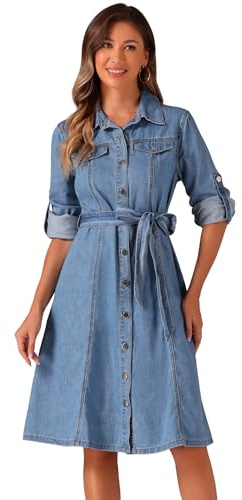 Allegra K Abito Camicia in Denim da Donna Abbottonato Manica Lunga con Cintura Classico Abito in Jeans Azzurro S