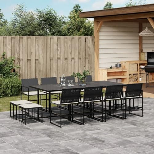 Homgoday 13-TLG. Garten-Essgruppe mit Kissen Gartenmöbel Set Sitzgruppe Gartentisch mit Stühle Gartengarnitur Tisch Stühle Essgruppe Balkonmöbel Terrassenmöbel Schwarz Poly Rattan