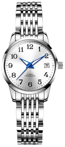 RORIOS Montre de Poignet Dames Mécanique Montres Élégant pour Femmes Montre Bracelet Minimaliste Automatique Montre Mode Acier Inoxydable Blanc B