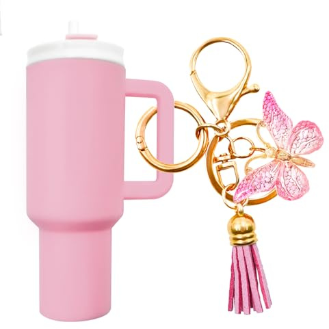 EIiovcnya Mini Tumbler Portachiavi Chapstick, Stanley Cup Portachiavi Accessori, Borse da donna Zaini Portachiavi carino, Rosa, 3.9X1.9X1.18IN