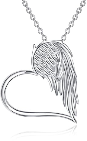 URONE Collar de alas de ángel de plata de ley 925 con colgante de corazón y ala de ángel, regalo para mujer, Plata esterlina, No es una piedra preciosa