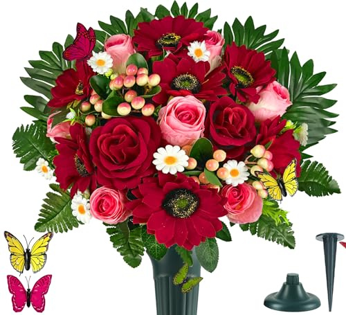 MUVIC Artificial Cemetery Flowers - Memorial Flowers - Outdoor Grave Flower Decorations,Sympathy Flower with Vase - Red Rose Gerbera Daisy Berry