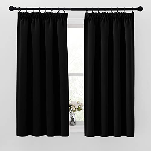 PONY DANCE Rideau Court Occultant Thermique Draperies Opaque Galon Fronceur | Double Rideaux Isolants Brise Vue pour Chambre Fille Garçons Enfant Adulte, L 140 sur H 137 cm, Noir, Lot de 2