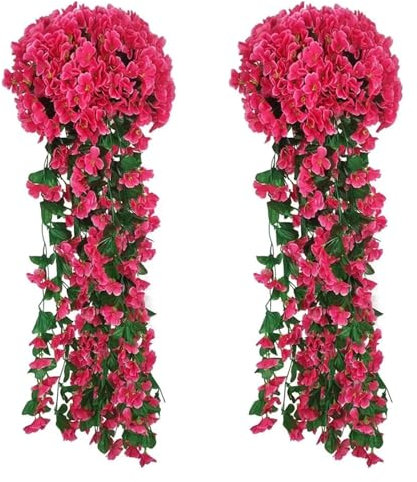 KüNstliche HäNgepflanzenv 2 Stück künstliche Blumen, Begonien, Pflanzen, Blumenstrauß, violett, for Aufhängen, lange Ranken, Wand, draußen, Haus, Garten, Bogen, Hochzeit, DIY FüR Innen AußEn AußEn(Ros