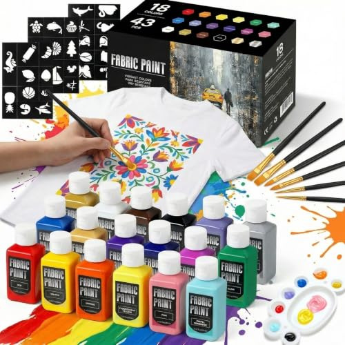 TMOL Waschmaschinenfest Textilfarben Set – 18 Farben in Flaschen (je 60 ml/2 oz), ungiftige & wasserfeste Stoffmalfarben mit Pinseln & Schablonen, Textilfarbe für Kleidung & DIY & Kunst