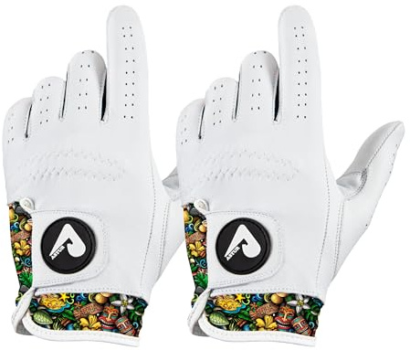 ASTUR Golf Gloves for Men Cabretta Leather Golf Glove Left Hand 2 Pack Premium Soft Grip Charismatic Unique Wrist Design Print Breathable Comfortable fit for all weather Golf