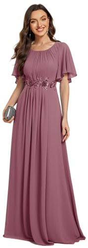 Ever-Pretty Women's Maxi Evening Dress Chiffon with Applique Round Neck Ruffles Sleeve Floor Length Orchid 16UK