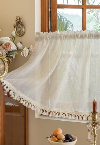 Devola Scheibengardine mit Häkelspitze Kurzgardine Leinenoptik Nostalgische Gardinen Kurz Küchengardine Halbtransparente Fenstergardinen mit Tunnelzug HxB 40x100cm Beige 1 Stück