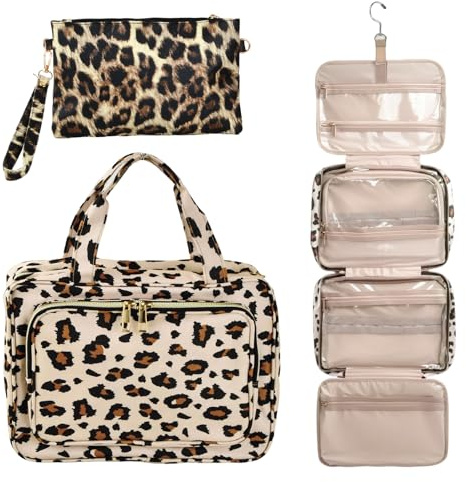 Beauty Case da Donna da Viaggio, Borsa per Cosmetici da Viaggio con Gancio, Beauty Case da Viaggio da Appendere, Borsa da Toilette Appesa da Viaggio con Pochette da Polso Leopardata per Essenziali