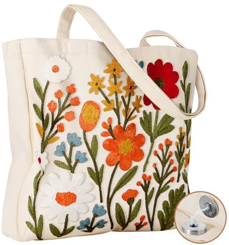 Miss Adola Embroidery Canvas Tote Bag for Women - Reusable Totes with Magnetic Buckle Cute Aesthetic Designer Shoulder Bags for Shopping Grocery Daily Work, Flower Cluster