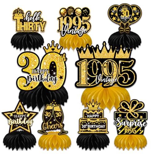 Decorazioni a nido d’ape 8 pezzi per 30° compleanno, nero+oro, Ø15cm, addobbi 30 anni compleanno