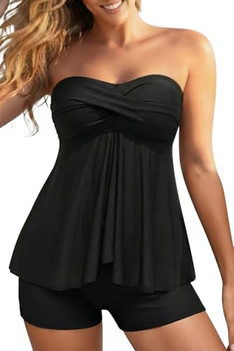 Women Black Strapless Tankini Swimsuits - 2 Piece Halter Bathing Suit Bandeau Flyaway Top with High Waist Swim Shorts XL
