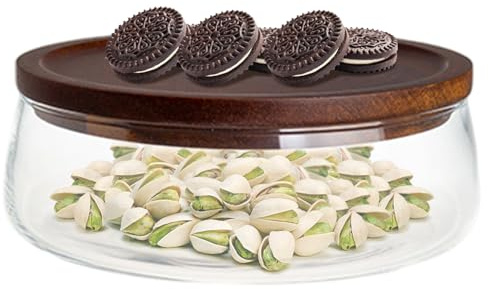Glass Serving Bowl, Clear Glass Salad Bowl with Wooden Lid Farmhouse Style Round Food Storage Platter for Home Kitchen Party Candy Nut Fruit, L, Food Service Equipment Supplies