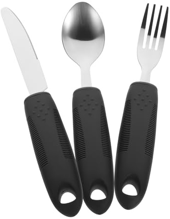 Cubiertos Adaptables Antideslizantes de Acero Inoxidable Negro 3 Piezas | Juego 1 Set, Mango de Plástico Resistente al Desgaste, para Personas Mayores Discapacidad