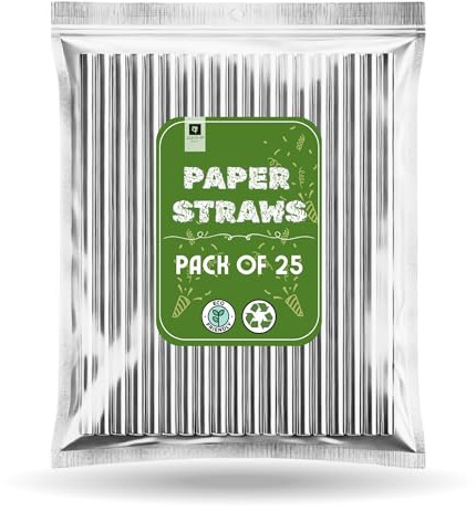 AKH® Paper Drinking Straws | Pack of 25 | Eco Friendly Compostable Straws for Parties & Cocktails | Bulk Pack Recyclable Disposable Straws | Food Safe & Multi Layered | Silver
