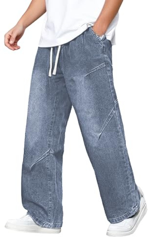 Baggy Jeans da uomo con gamba larga, casual, vestibilità larga, pantaloni in denim, Hip Hop Denimpants Straight Leg Jeans vita elastica con coulisse per adolescenti e ragazzi streetwear