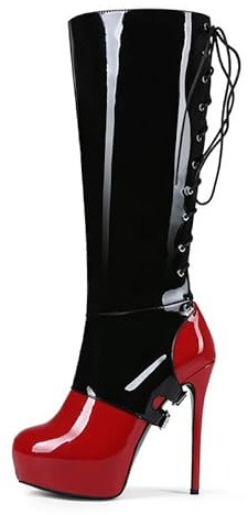 Veelau Meieer Bottines à plateforme mi-hautes pour femme - Bicolore - En cuir verni - Avec lacets et fermeture éclair latérale, Noir et rouge., 45 EU