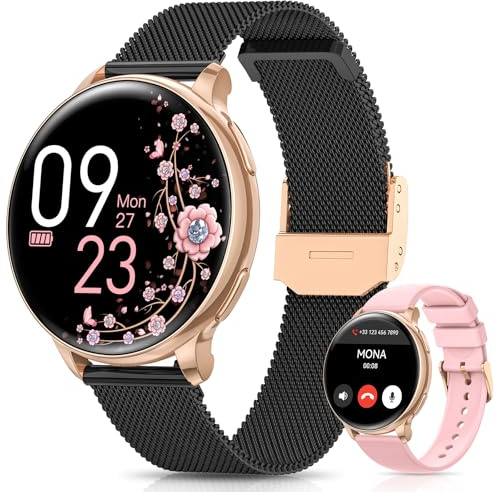 NAIXUES Smartwatch Damen mit Telefonfunktion, 1,27 HD Fitnessuhr mit 24/7 Pulsuhr, SpO2, Menstruationszyklus, Schlafmonitor, 70+ Sportmodi IP68 Wasserdicht Armbanduhr für Android iOS Roségold Schwarz