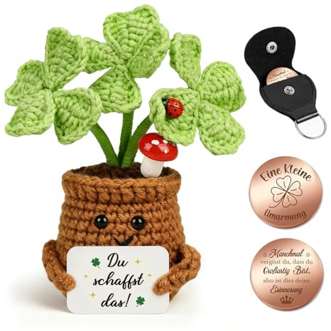 Giftota Pocket Hug Glücksklee - Handgehäkelte Vierblättrige Kleeblatt mit Glücksmünze & Lederetui - Glücksbringer & Mutmacher - Kreative Weihnachten Geschenke - Geschenk für Männer, Frauen