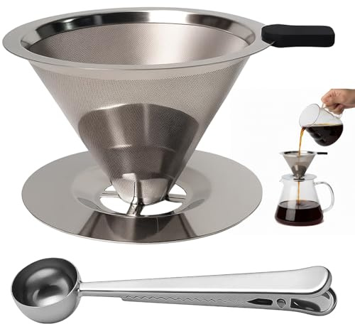 QhgPnt Pour Over Coffee Maker, Stainless Steel Coffee Filter Holder and Dripper with Coffee Spoon, Reusable Coffee Filter Cup for Pour Over Coffee, Steel Pour Over Coffee Dripper