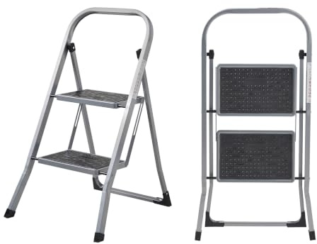 MasterWorx MasterWorks Step Ladder 2 Step, Safety Handle, Max Capacity | Heavy Duty Folding Steel Stepladder, Wide Anti-Slip Steps & Feet, Easy to Store, Home, Kitchen, Garage & DIY Use