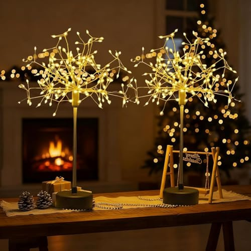 Nest and Flowers Table Lights Fireworks, Mini Table Dandelion LED Lamp, Firework Centerpiece Lights for Christmas Decoration, Indoor Home Holiday Tables Night Light Decor Gifts (Warm,2PC)