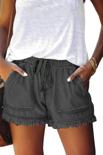 HVEPUO Short d'été, large, pour femmes, en coton et lin, avec ceinture élastique