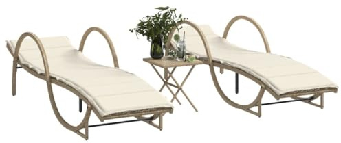 Mandloder Sonnenliegen Set 2 STK. Beige, Poly Rattan Gartenliege mit Tisch, verstellbare Relaxliege Strandliege für Terrasse, wetterfeste Chaiselongue Liegestuhl UV-beständig