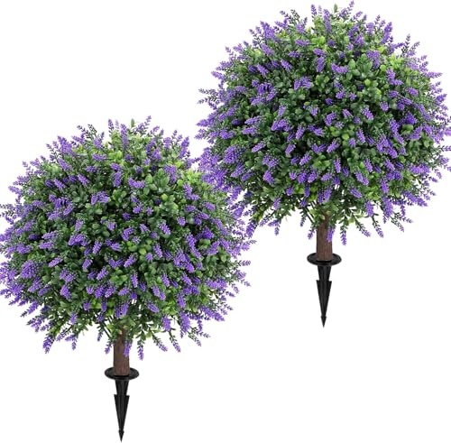 Olrla Künstliche Lavendel-Kugel mit Erdspieß 65cm 2er Set | UV-beständig, winterfest, Kunstpflanze, für Garten, Balkon, Terrasse, Innen & Außen