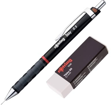rOtring Tikky Farbcodierter Druckbleistift, 0,5 mm, schwarzer Schaft, Tikky 20 Radiergummi im Lieferumfang enthalten