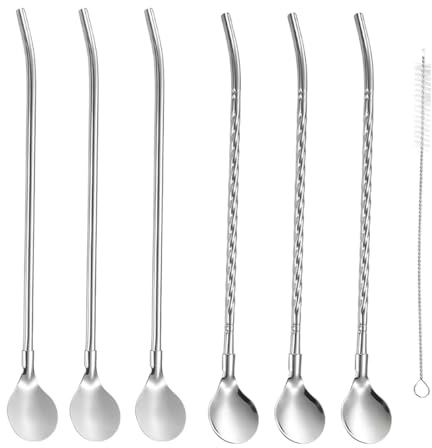 Cucchiaio Cannuccia, 6 Pezzi, Cucchiaio Cocktail Riutilizzabile Cannucce Cucchiai Di Cannuccia In Acciaio Inossidabile, con spazzole, 2 in 1, per Cocktail, Frullati, caffè, Bevande