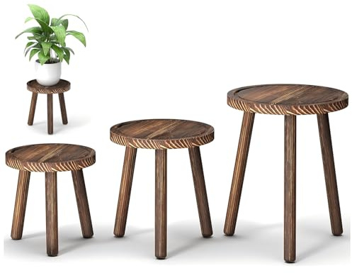 SANNAX Plant Stand Set of 3 Heavy Burnt Wooden Flower Pot Holder | Modern floor stand for large plants, indoor outdoor use, home decor living room balcony