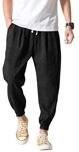 CTU Men's Linen Harem Trousers Casual Jogger Pants with Elastic Waist Breathable Lightweight Summer Pants Black L