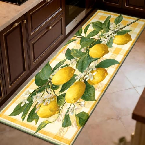Küchenmatte 50 x 200 cm Zitronenblüte, Frucht, Zitrone Küchenteppich Gelb rutschfest & waschbar, komfortable Stehmatte wasserabweisend für Haus & Küche