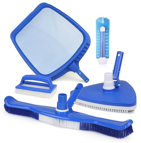 BAYZID Pool Zubehör Set Basic – 5-in-1 Komplettset zur Poolreinigung mit | Bodensauger, Kescher, Bürste, Schwamm & Thermometer – Pool Reinigungsset für sauberes Wasser & einfache Pflege