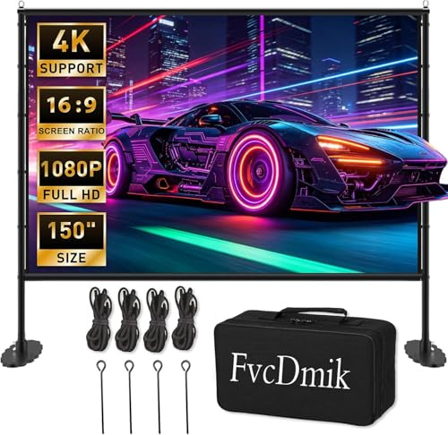 150 inch Projector Screen with Stand, 16:9 4K HD Portable Outdoor Movie Screen, Wrinkle-Free Foldable Indoor Projection Screen with Carry Bag & Ground Nails for Backyard Cinema Home Theater