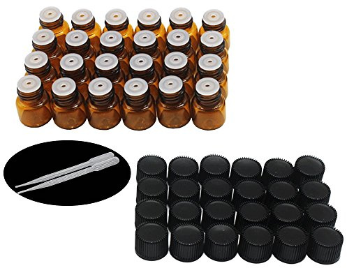 YIZHAO Essential Oil 1ml Amber Sample Glass Bottle, Samll Sample Glass Vials Empty for Essential oil Diffuser,Massage,Beauty Oil Mix,Lab bottle with [Orifice Reducers]– 24 Pcs