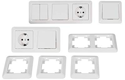 McPower | Schalter & Steckdosen Set Cup Flur | 13-teilig | weiß | 2x Steckdose, 2x Wechselschalter, Serien-Schalter, Taster, Rahmen-Set