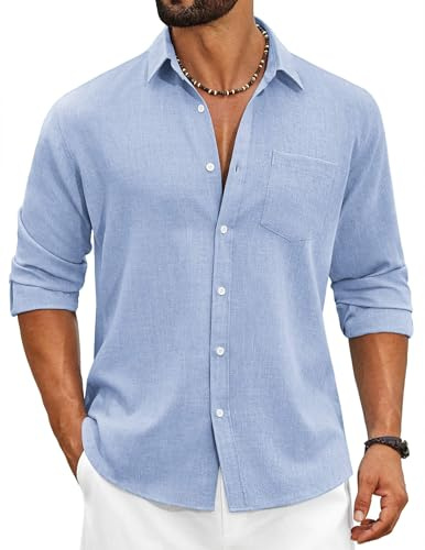 COOFANDY Men's Adult Casual Button Down Shirt Long Sleeve Linen Chambray Shirt, 1- Sky Blue, XXL